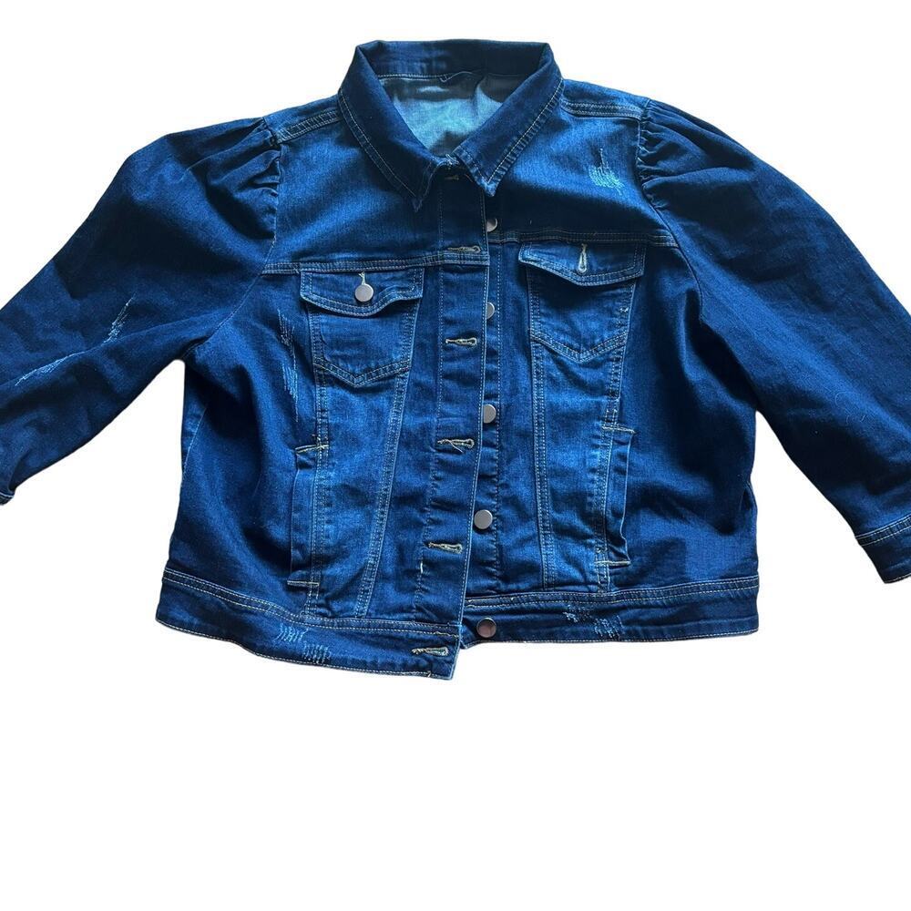 Vetinee Womens Jean Jacket Cropped Denim Jacket Stretchy 3/4 Puff Sleeve Pockets